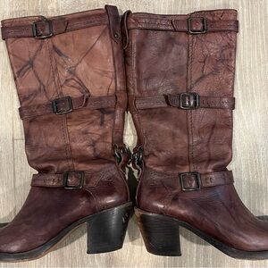 Frye CARMEN Brown Leather Heeled Boots 3 Buckle Straps